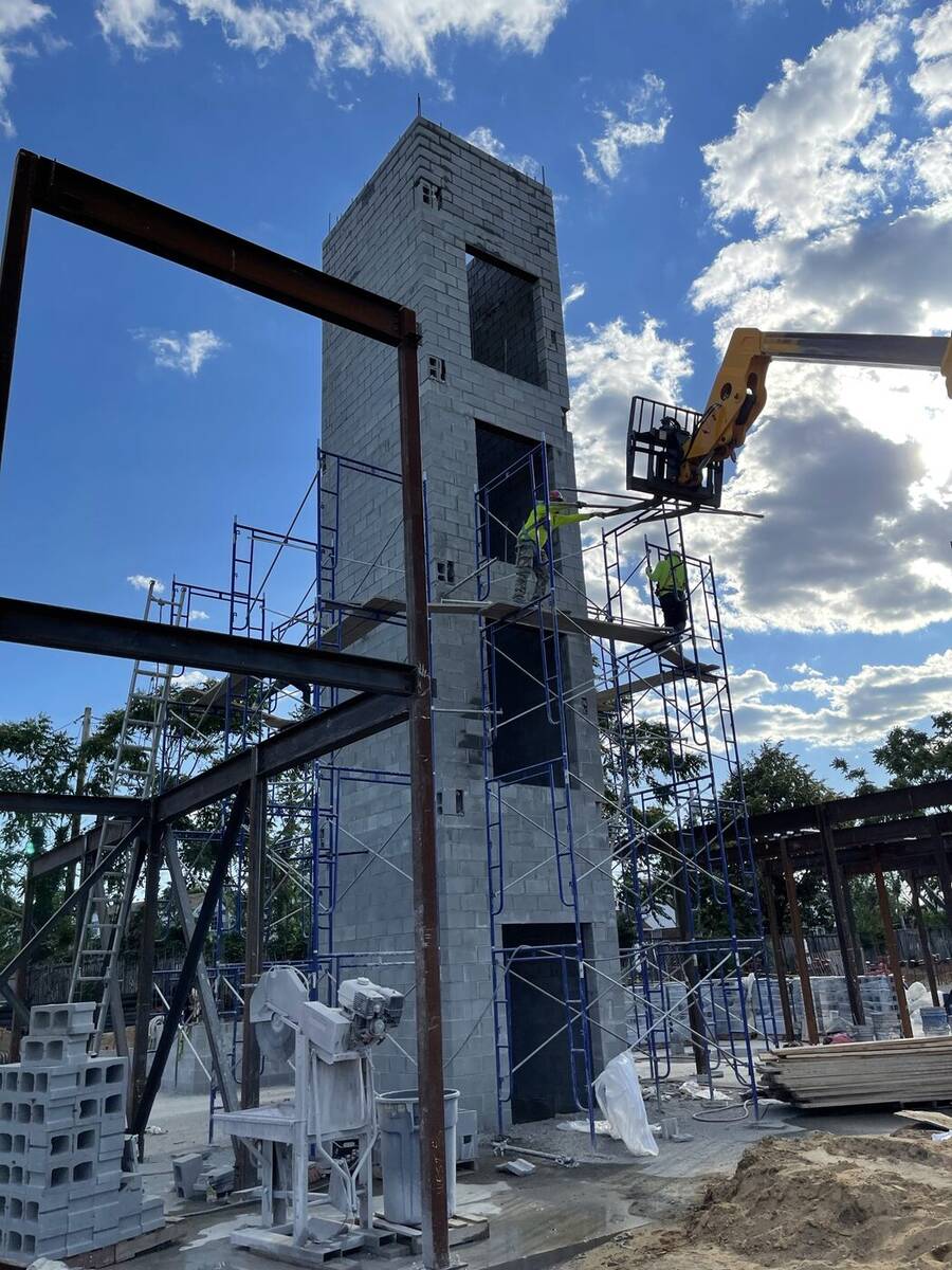 New construction site with structural framing underway